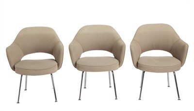 Lot 814 - Set of Six Eero Saarinen Chromed Metal and Upholstered Executive Armchairs