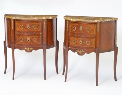 Lot 322 - Pair of Louis XV/XVI Style Gilt-Metal Mounted Kingwood and Mahogany Demilune Commodes