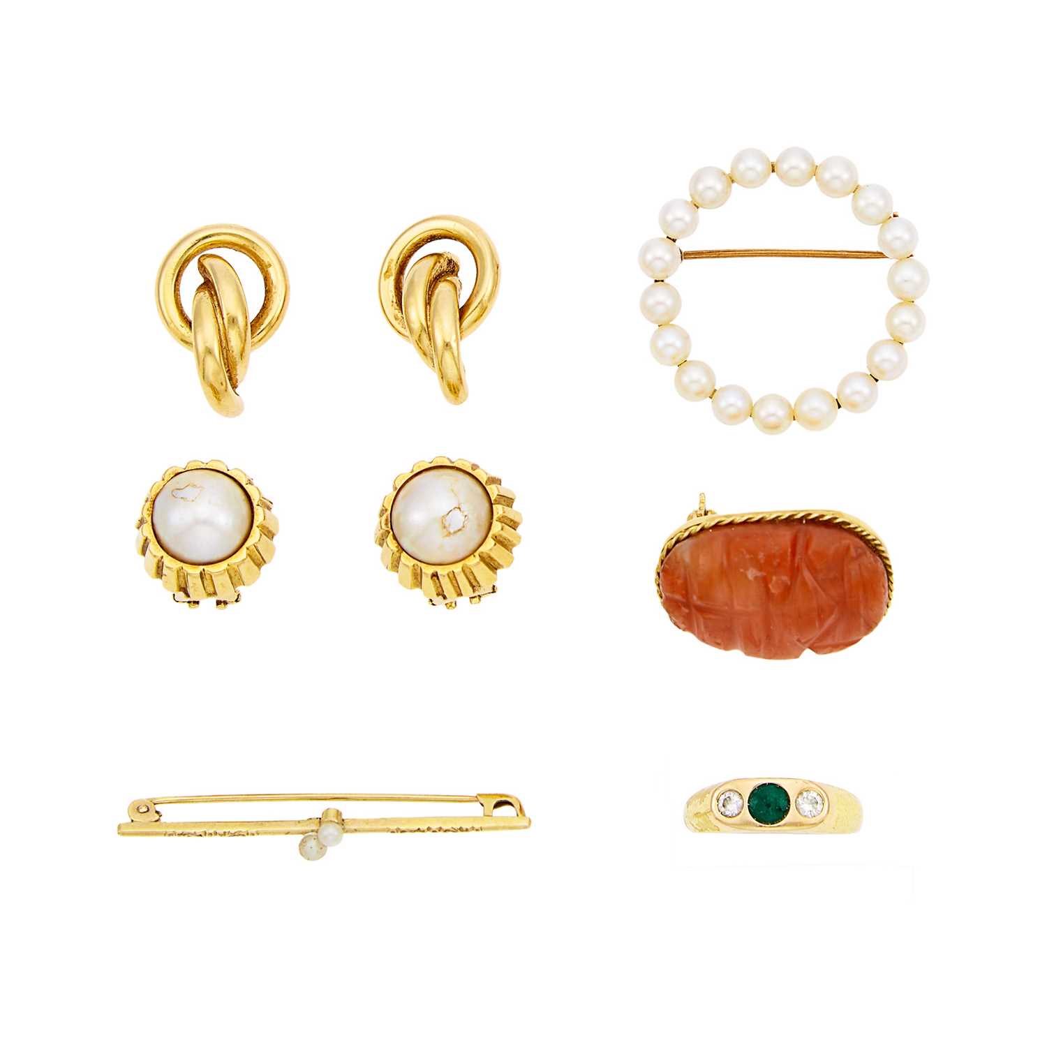 Lot 1136 - Group of Gold, Cultured Pearl and Hardstone Jewelry