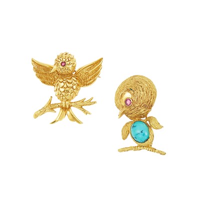 Lot 1101 - Gold, Turquoise and Ruby Chick Pin and Tiffany & Co. Gold Bird Pin