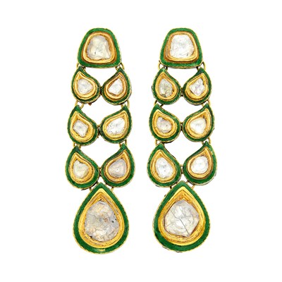Lot 2089 - Pair of Indian Gold, Foil-Backed Diamond and Jaipur Enamel Pendant-Earrings