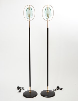 Lot 340 - Pair of Italian Brass, Enameled Metal and Polished and Frosted Glass Floor Lamps