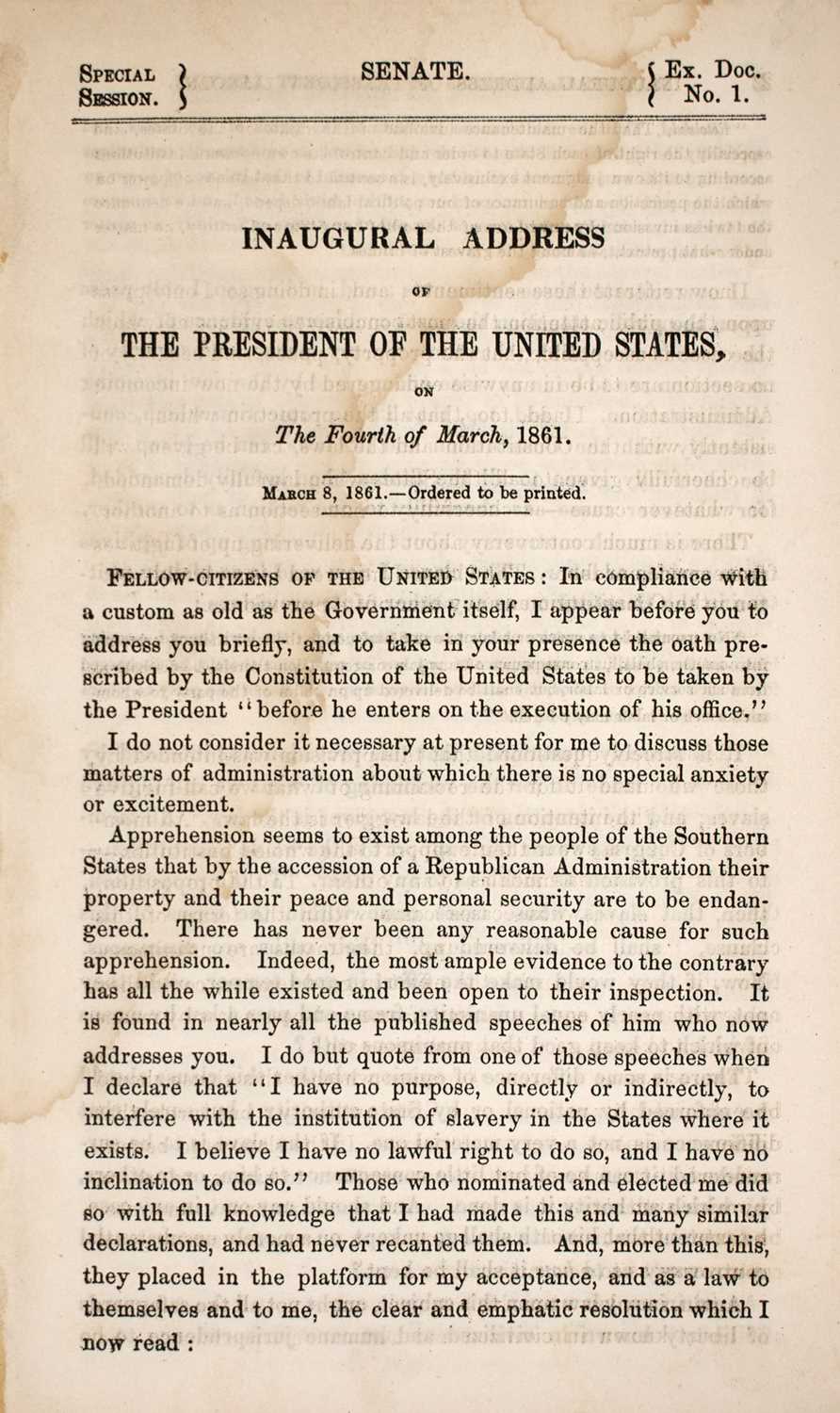 Lot 251 - The Senate printing of Abraham Lincoln's first inaugural address