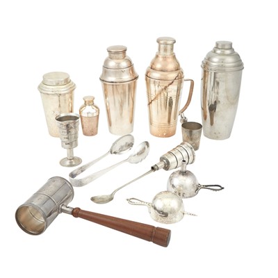 Lot 181 - Group of Silver Plated and Metal Cocktail Shakers and Bar Accessories