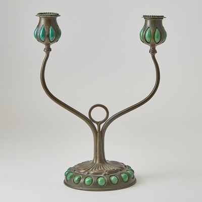 Lot 738 - Tiffany Studios Bronze and Favrile Glass Blow-Out and "Jeweled" Two-Light Candelabrum
