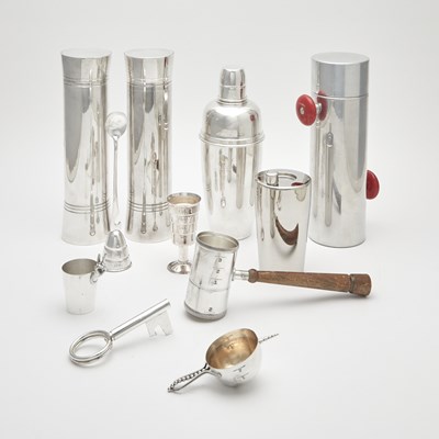 Lot 260 - Group of Stainless Steel, Metal and Silver Plated Cocktail Shakers and Bar Accessories