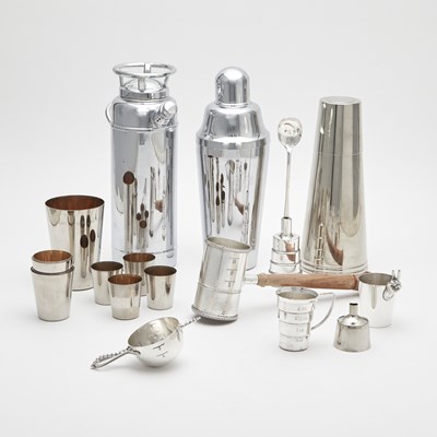 Lot 264 - Group of Stainless Steel, Metal and Silver Plated Cocktail Shakers, Beakers and Bar Accessories