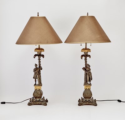 Lot 390 - Pair of Charles X Gilt and Patinated Bronze Figural Candlesticks