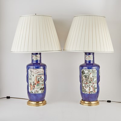 Lot 394 - Pair of Chinese Blue-Ground Porcelain Vases Mounted as Table Lamps