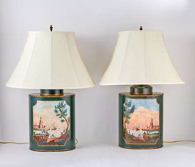 Lot 345 - Pair Canister-Style Green-Ground Tole Table Lamps