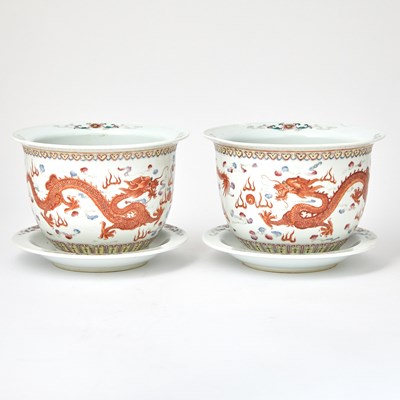Lot 377 - A Pair of Chinese Enameled Porcelain Planters and Underplates