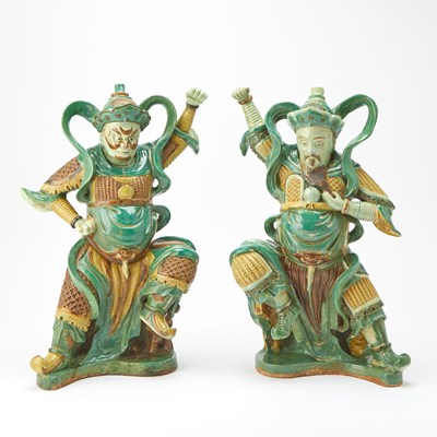 Lot 672 - Two Chinese Green and Brown Glazed Ceramic Figures of Warriors