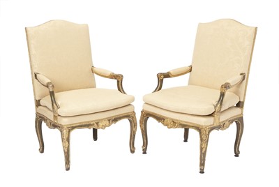 Lot 312 - Pair of Louis XV Style Painted and Parcel-Gilt Armchairs