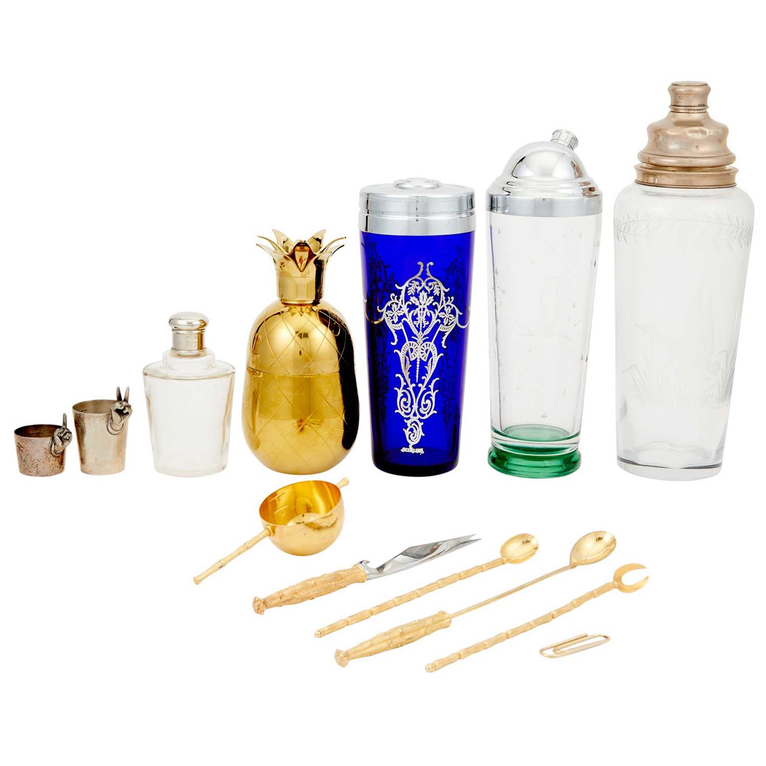 Lot 178 - Group of Glass and Metal Cocktail Shakers and Bar Accessories