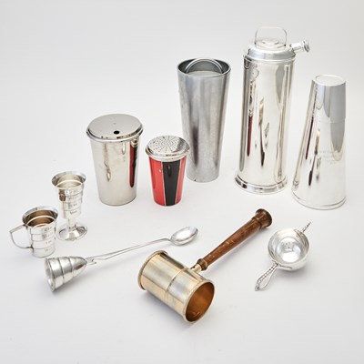 Lot 225 - Group of Silver Plated and Metal Cocktail Shakers and Bar Accossories