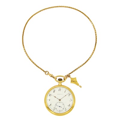 Lot 1153 - Tiffany & Co. Gold and Blue Enamel Open Face Pocket Watch with Gold-Filled Fob Chain