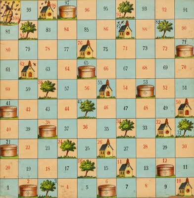 Lot 349 - Five amusing Victorian-era game boards, including Snakes and Ladders