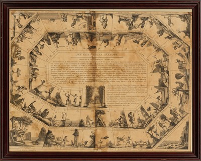 Lot 394 - Two French nineteenth-century Game of the Goose boards, one based on the Fables of Aesop