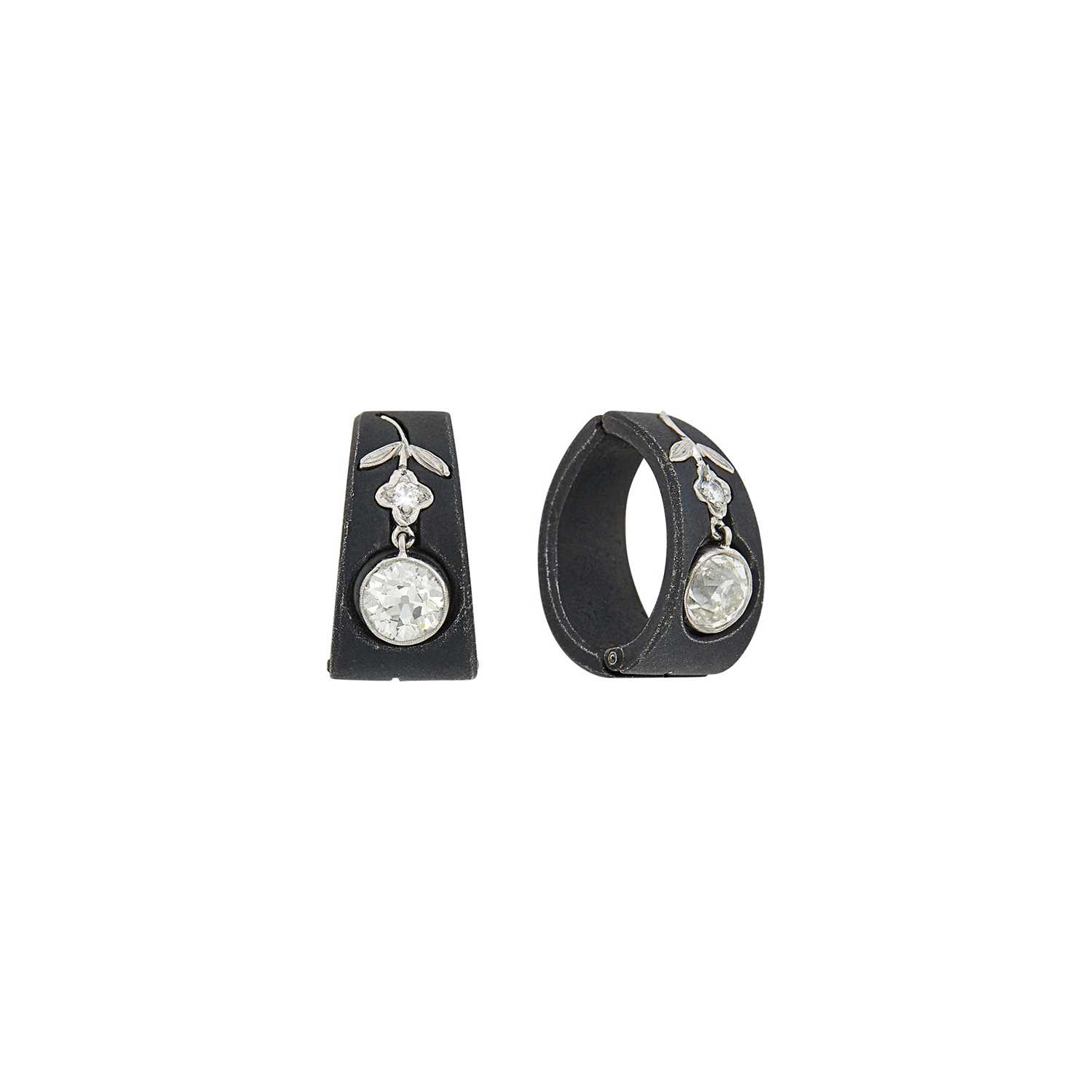 Lot 1171 - Marsh & Co. Pair of Oxidized Steel, Platinum and Diamond Hoop Earclips