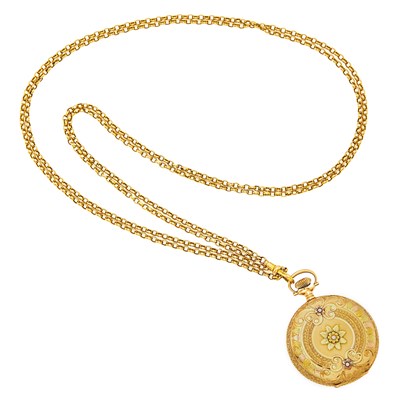 Lot 2160 - Elgin Variegated Gold Pocket Watch with Long Low Karat Gold Fob Chain