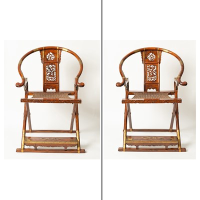 Lot 27 - Pair of Chinese Hardwood Folding Armchairs