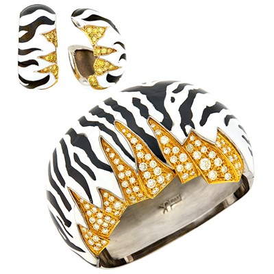 Lot 1059 - Two-Color Gold, Black and White Enamel, Diamond and Colored Diamond Zebra Cuff Bangle Bracelet and Pair of Hoop Earrings