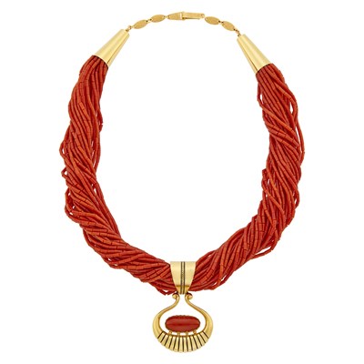 Lot 95 - Gold and Multistrand Coral Bead Torsade Necklace with Hammerman Brothers Gold and Coral Enhancer