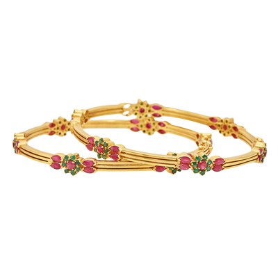 Lot 2086 - Pair of Gold, Ruby and Emerald Bangle Bracelets