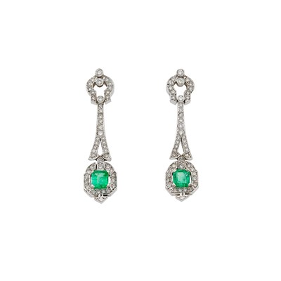 Lot 1101 - Pair of White Gold, Emerald and Diamond Pendant-Earrings