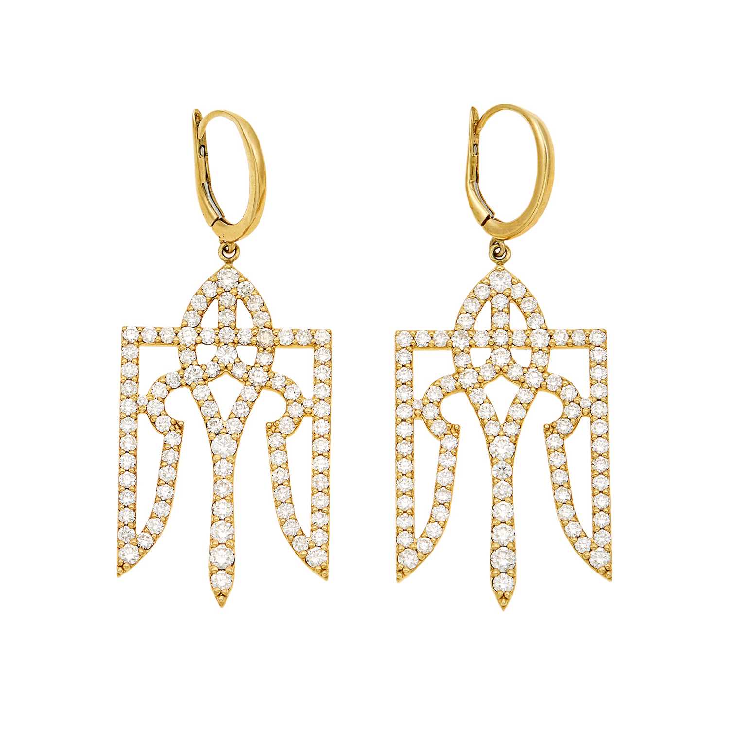 Lot 1039 - Pair of Gold and Diamond Ukrainian Emblem Pendant-Earrings