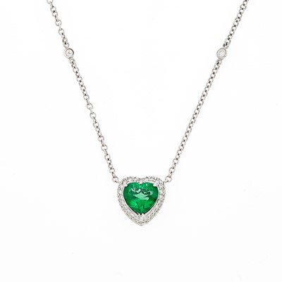 Lot 1253 - White Gold, Emerald and Diamond Heart Necklace with Diamond Chain Necklace