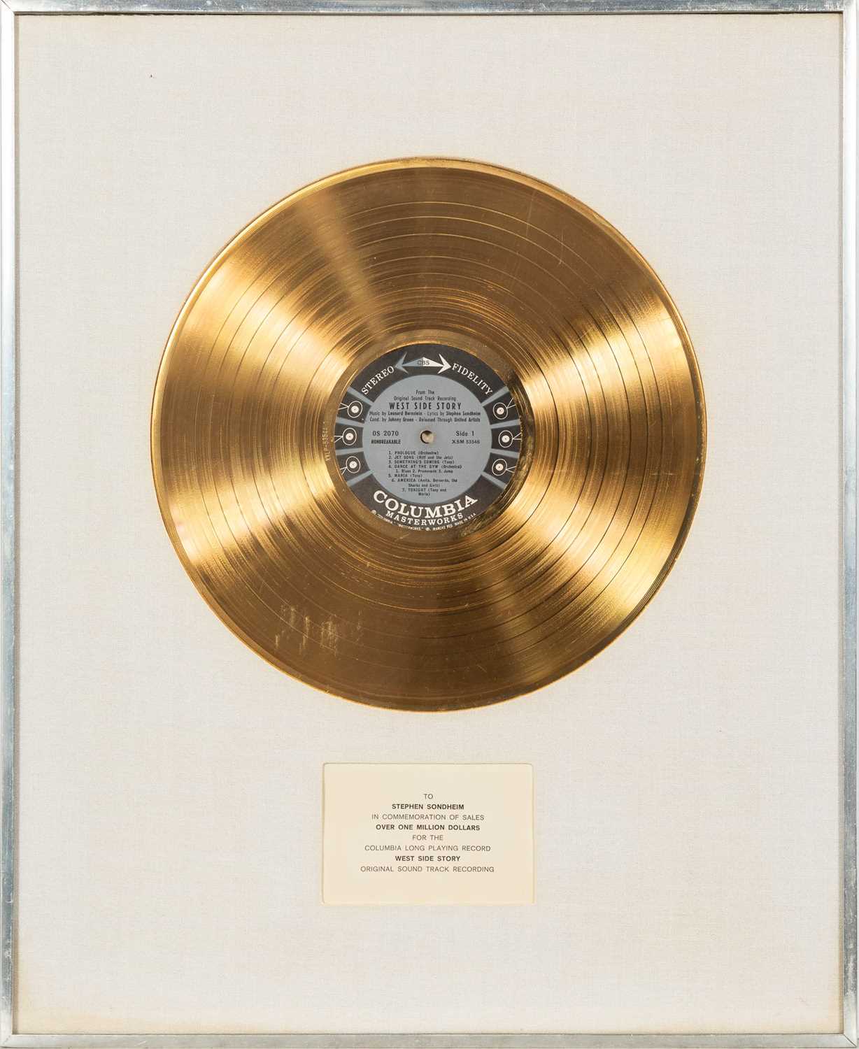 Lot 267 - Stephen Sondheim's Gold Record for the soundtrack to West Side Story
