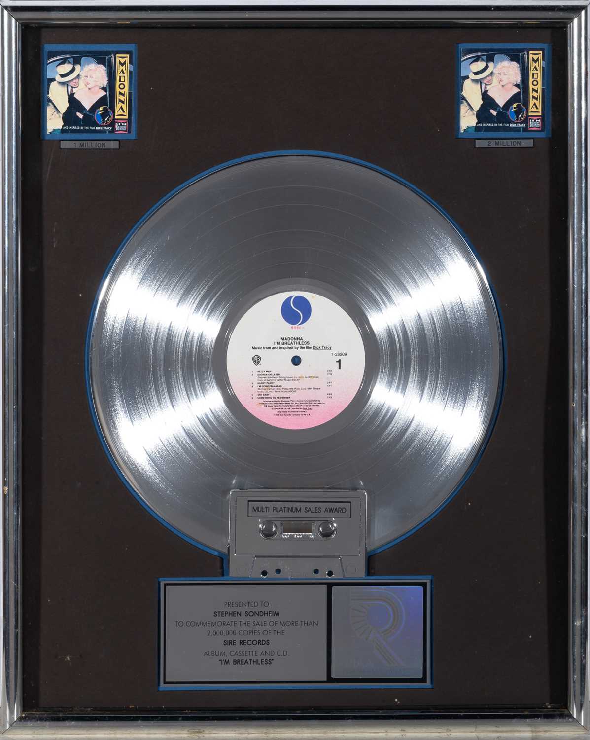Lot 280 - A platinum sales award for the soundtrack of Dick Tracy