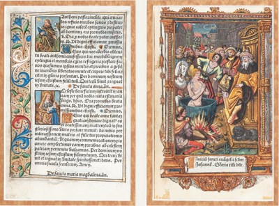 Lot 117 - Two illustrated leaves, including the martyrdom of John The Evangelist, from a printed Book of Hours