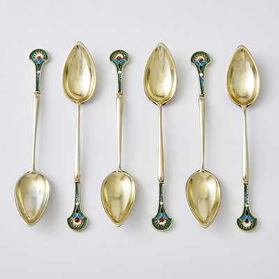 Lot 717 - Set of Six Russian Silver-Gilt and Cloisonné Enamel Spoons