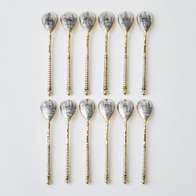 Lot 705 - Set of Twelve Russian Parcel-Gilt Silver and Niello Spoons