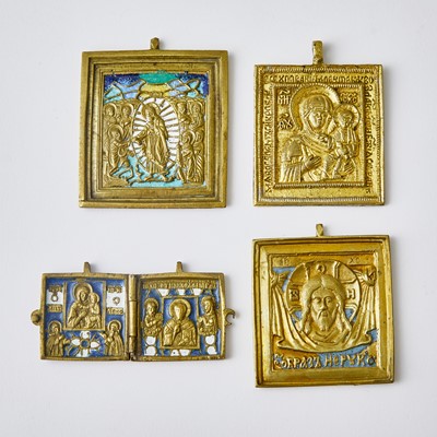 Lot 622 - Group of Four Russian Gilt-Metal and Enameled Metal Alloy Traveling Icons