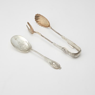 Lot 265 - American Sterling Silver "Medallion" Pattern Large Serving Tongs and a Serving Spoon