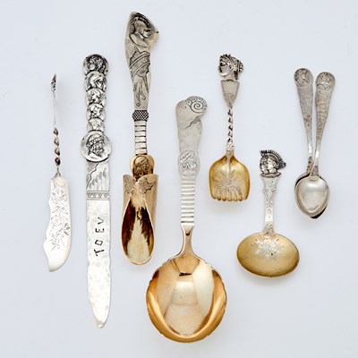 Lot 245 - George W. Shiebler Sterling Silver "Homeric" Pattern Paper Knife, Cheese Scoop and Serving Spoon