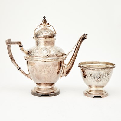 Lot 233 - Wood and Hughes Coin Silver "Medallion" Pattern Teapot and Sugar Bowl