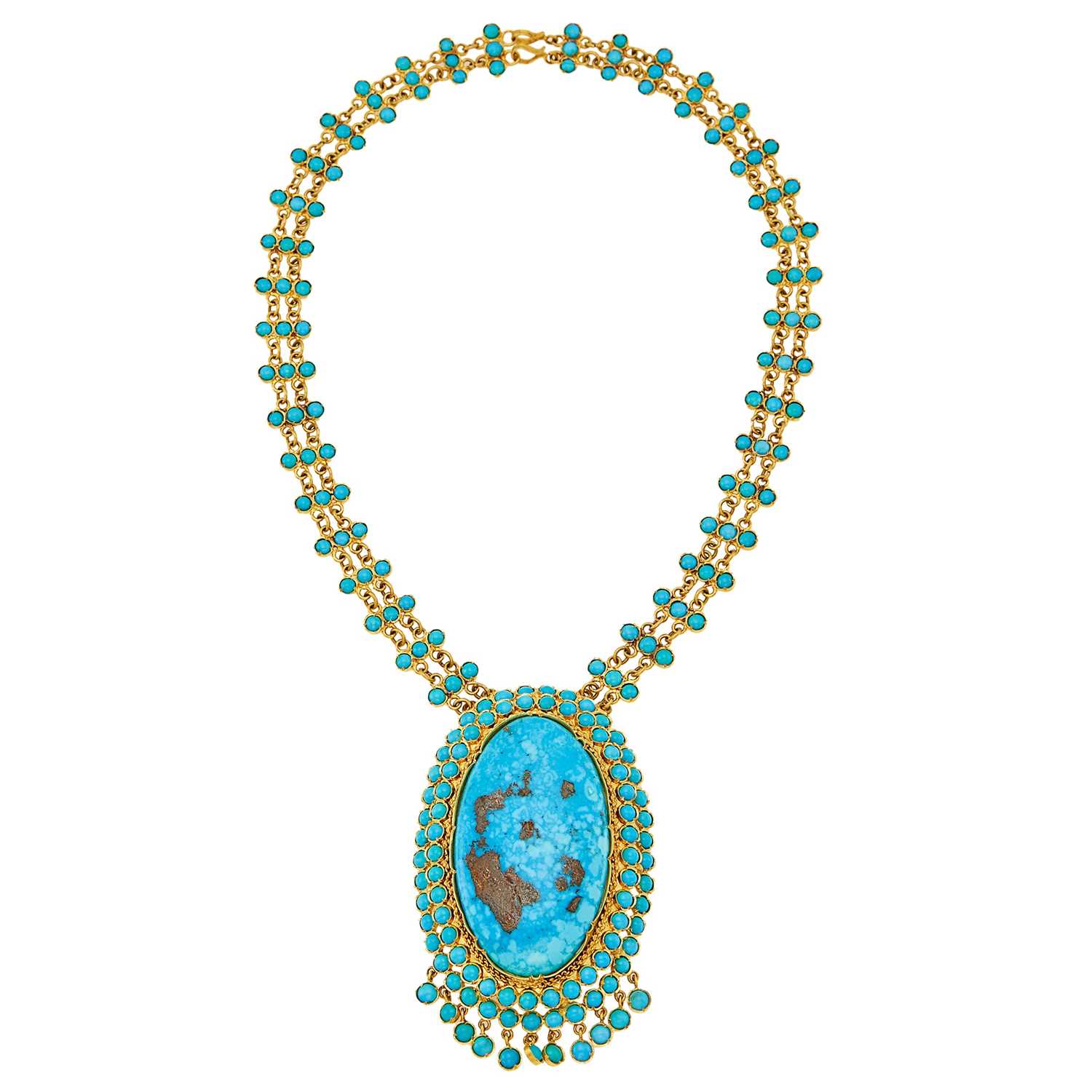 Lot 2088 - Gold and Turquoise Fringe Pendant-Necklace