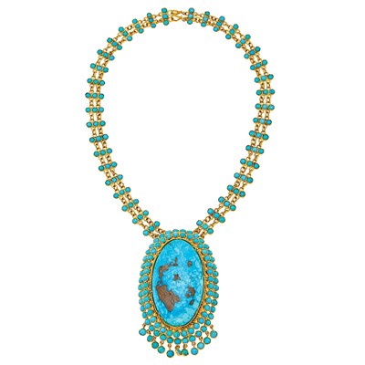 Lot 2088 - Gold and Turquoise Fringe Pendant-Necklace