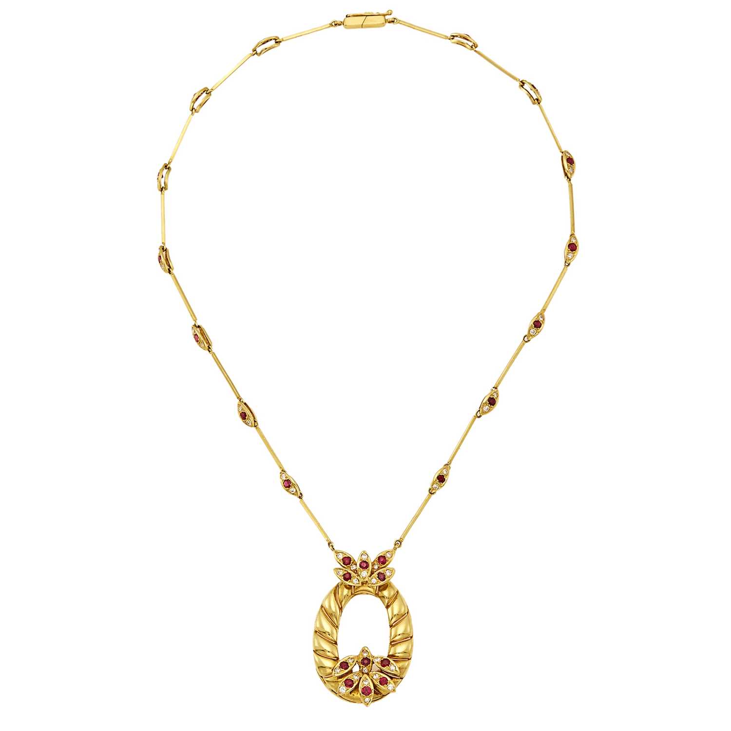 Lot 2068 - Gold, Ruby and Diamond Pendant-Necklace