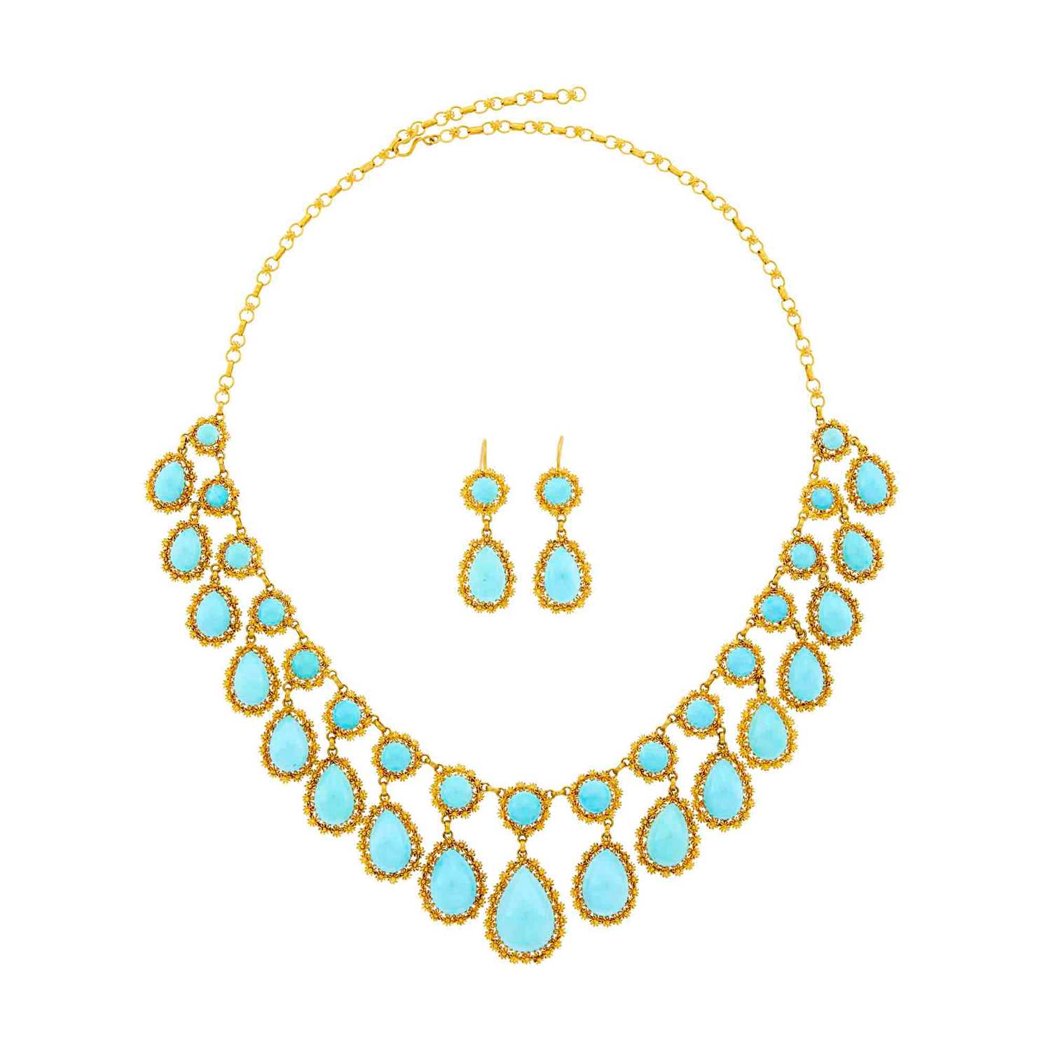 Lot 1212 - Gold and Turquoise Fringe Necklace and Pair of Pendant-Earrings