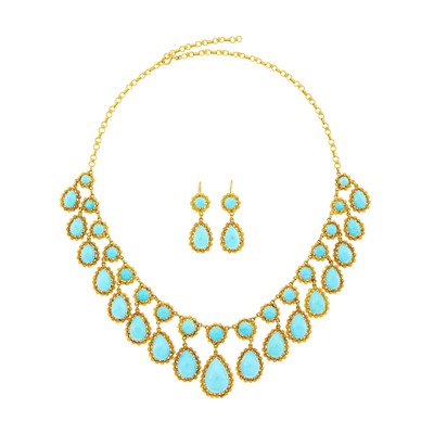 Lot 1212 - Gold and Turquoise Fringe Necklace and Pair of Pendant-Earrings