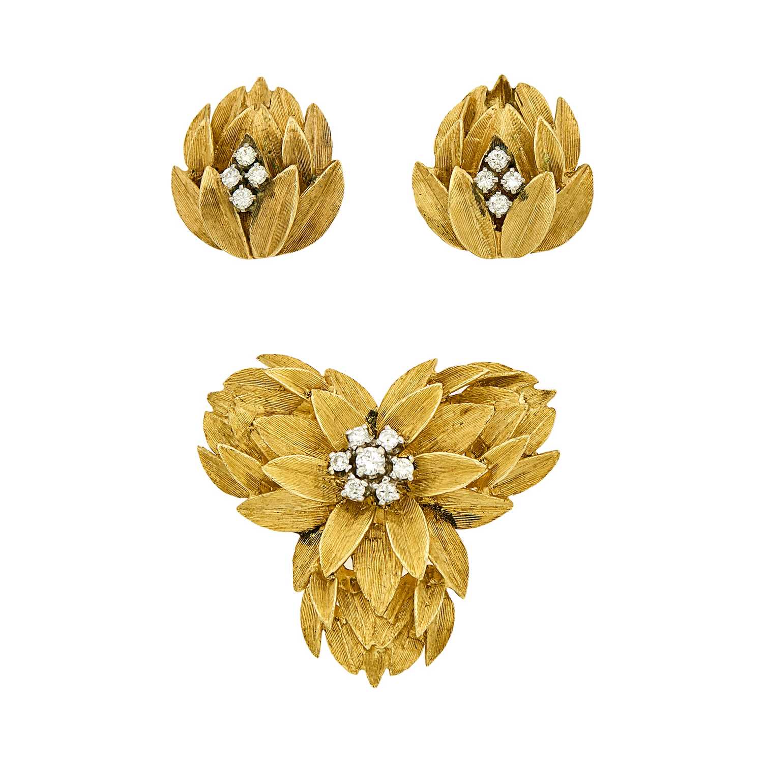 Lot 1103 - Gold and Diamond Flower Brooch and Pair of Earrings