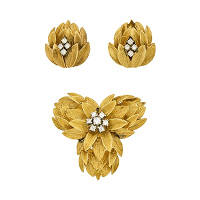 Lot 1103 - Gold and Diamond Flower Brooch and Pair of Earrings
