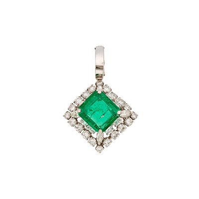 Lot 1255 - White Gold, Emerald and Diamond Pendant
