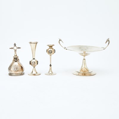 Lot 227 - Two Gorham Silver "Medallion" Pattern Bud Vases and a Tazza