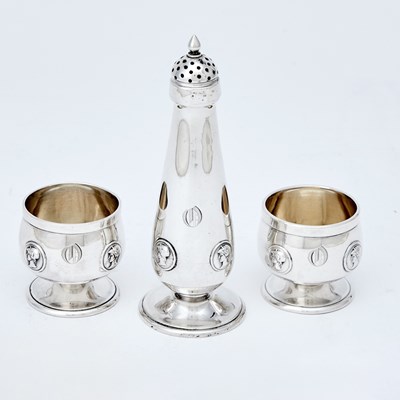 Lot 232 - Pair of William Gale Jr. Sterling Silver "Medallion" Pattern Open Salts and Pepper Caster